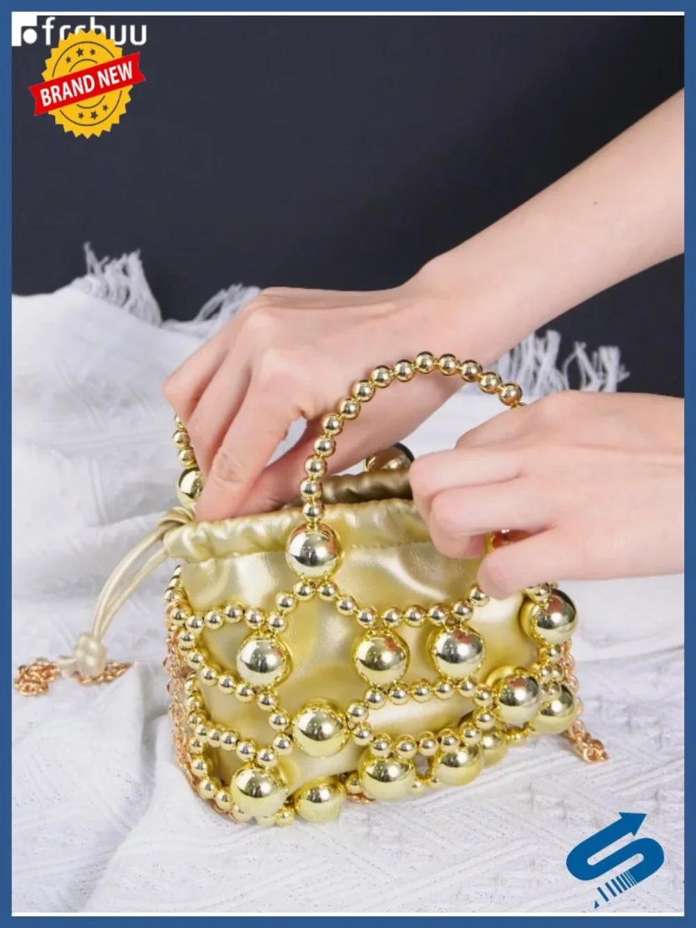 Faux Leather Beaded Evening Bag with Detachable Chain Strap Mini Crossbody